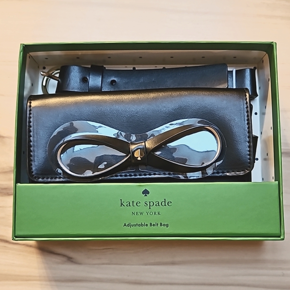 NEW! KATE SPADE black bow adjustable belt bag, genuine leather, crossbody NWT - Picture 2 of 8